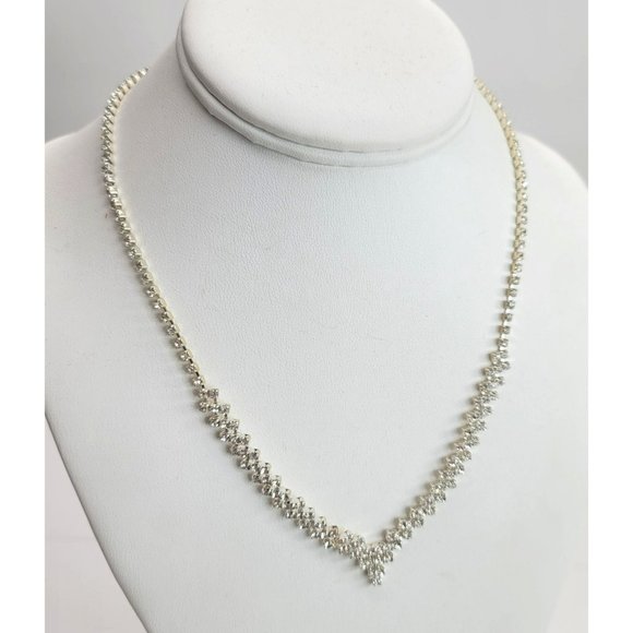 M&S Rhinestone Necklace V-Neck in Silver Tone Metal 16-19" Vintage Glam DH774 - Picture 1 of 8